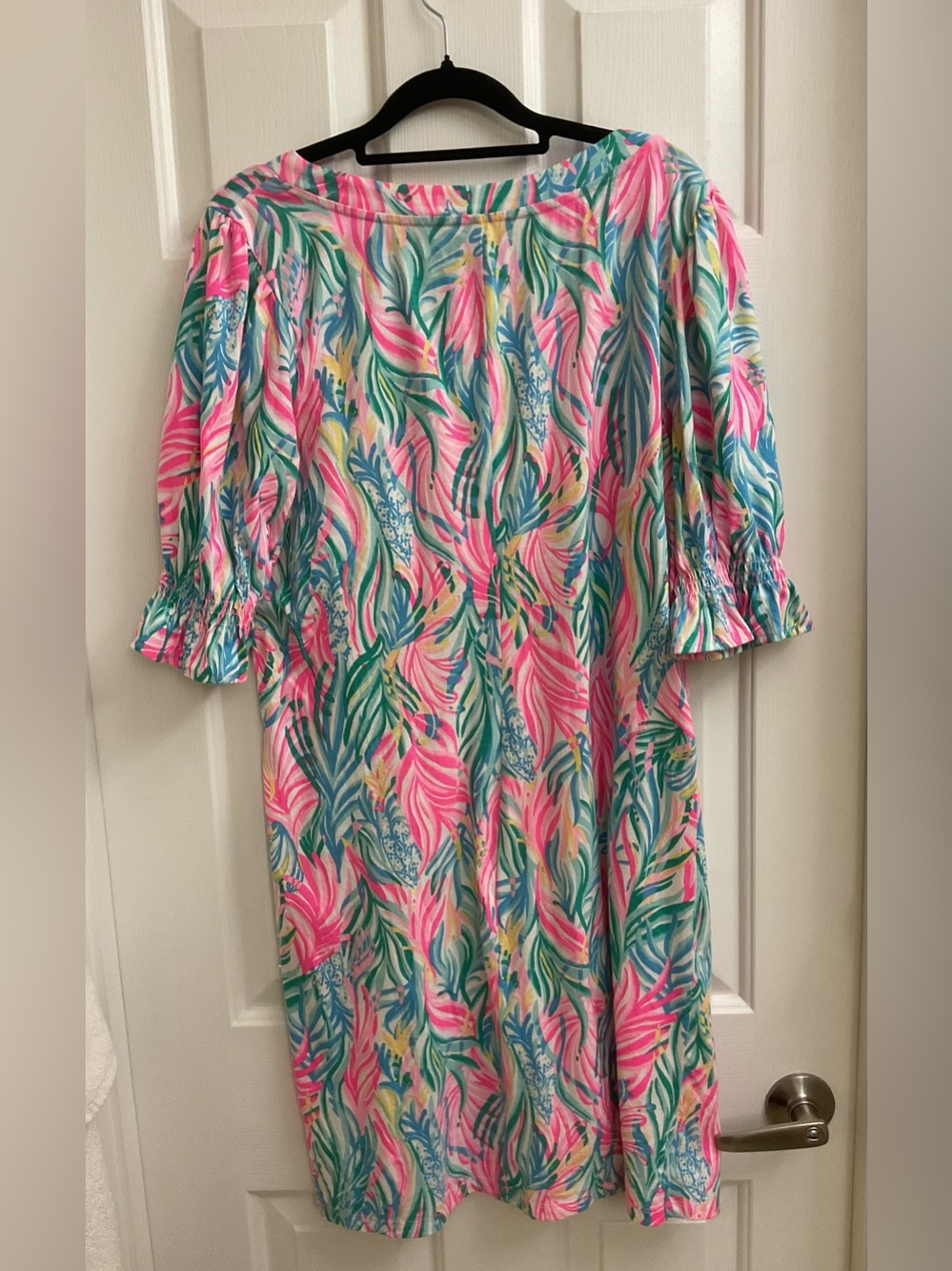 LILLY PULITZER Pink, Teal & Yellow Tropical-Leaf Midi Dress size XL - Picture 2 of 5